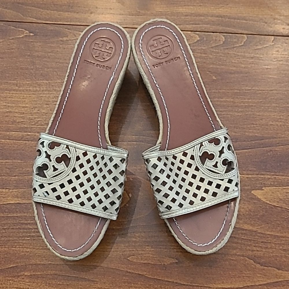 Tory Burch Metallic Leather Thatched Espadrille Platform Wedge Sandals size 10.5